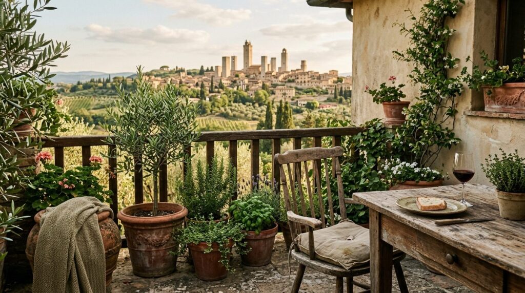 Close-up of a rustic Italian terrace overlooking San Gimigna