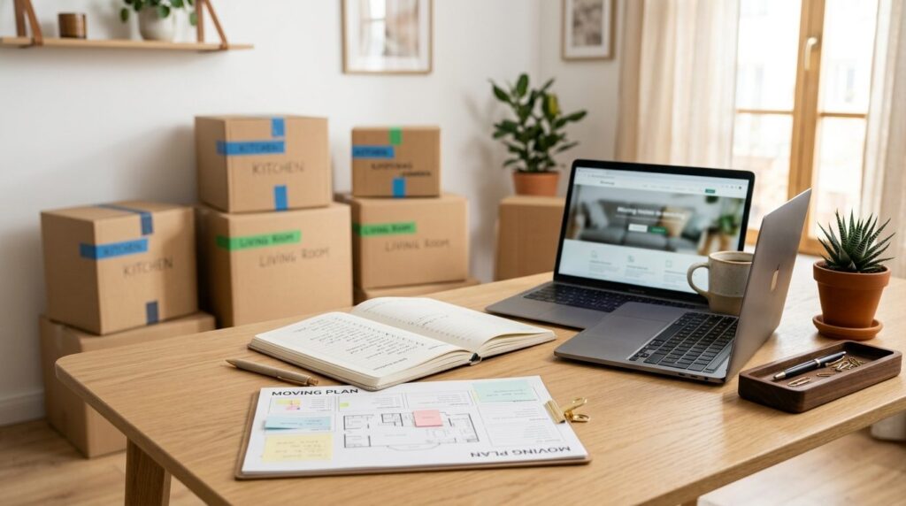 Close-up of an organized moving checklist and planning mater