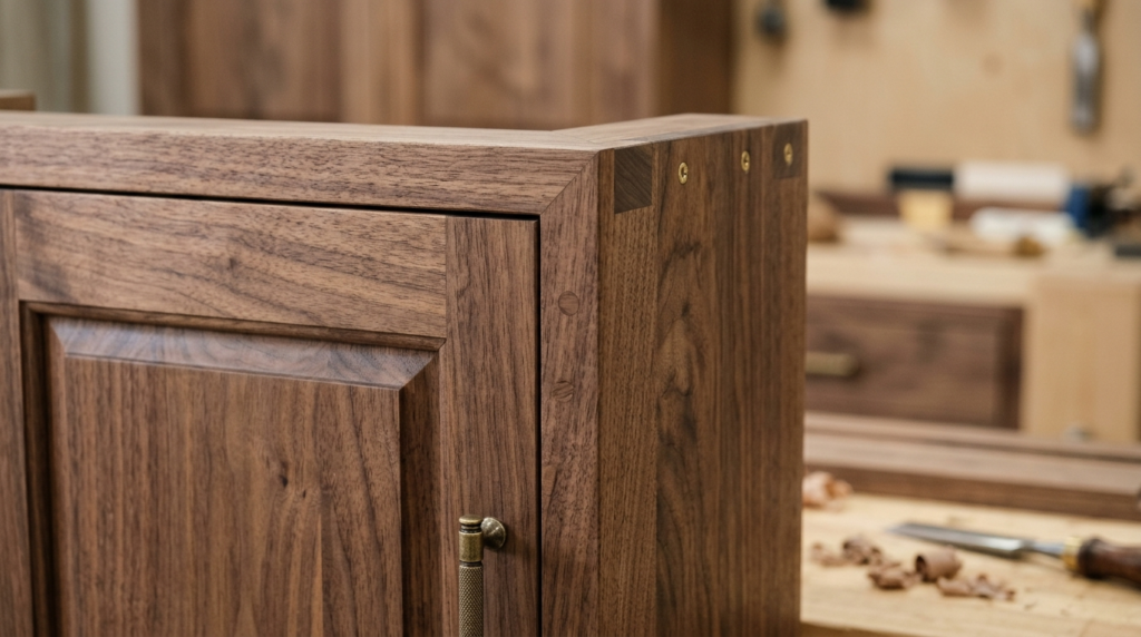 Close-up detail shot of hand-crafted wooden kitchen cabinetr