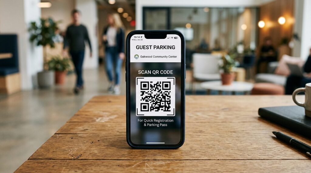 Close-up overhead shot of a smartphone screen showing a QR c
