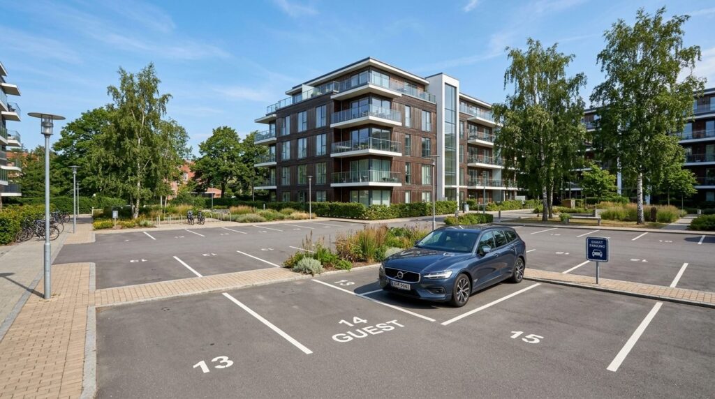 Wide shot of a residential parking area with multiple parkin