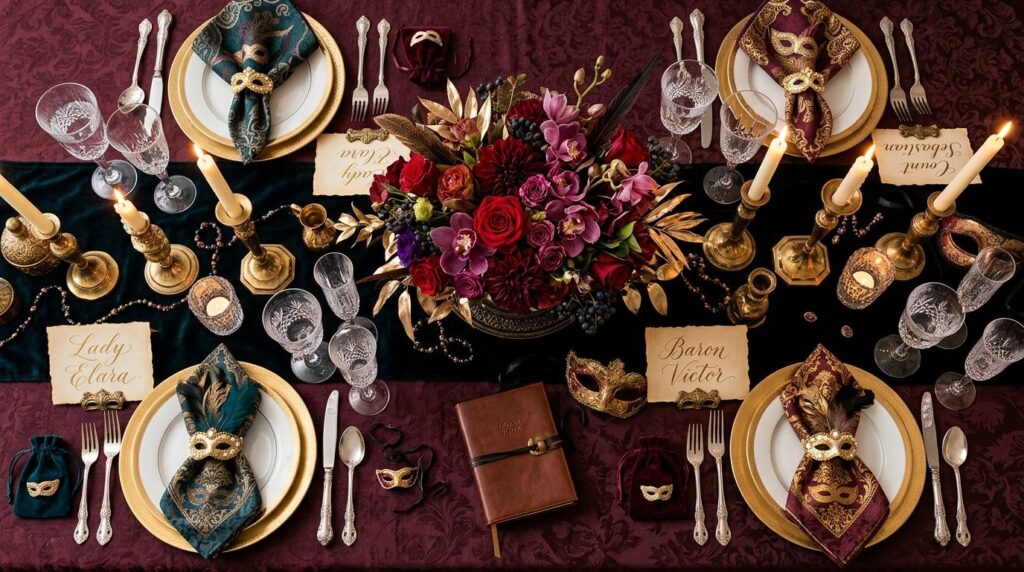 Close-up flat lay photograph of an elaborate costume party t