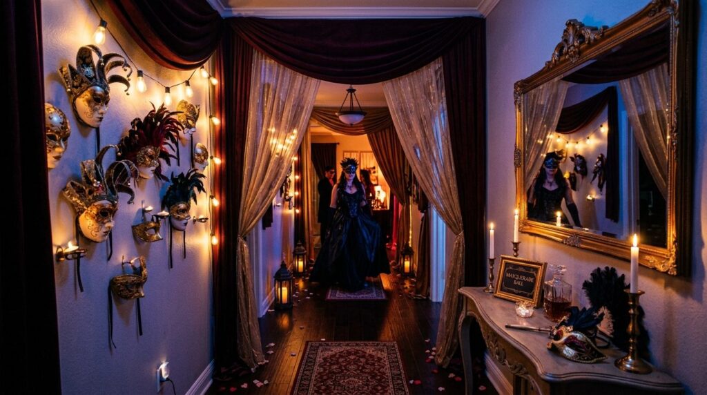 Atmospheric photograph of a themed home party entrance hallw