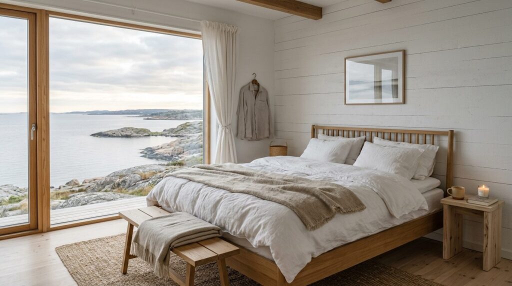 Scandinavian summer house bedroom with minimalist design, wh