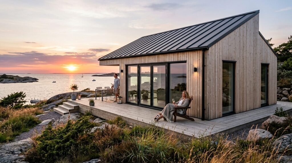 Modern new-built summer cottage exterior at golden hour, con