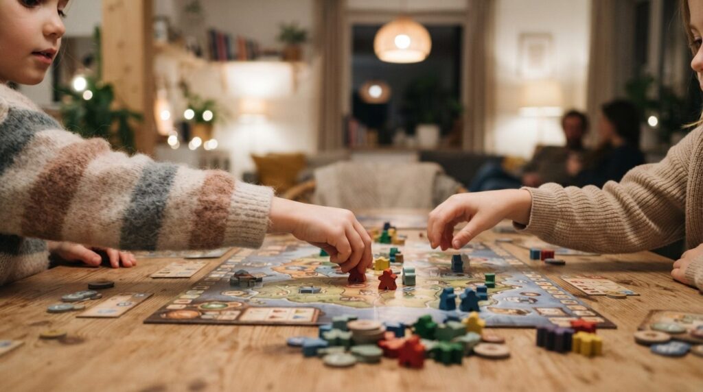 Close-up of childrens hands reaching for board game pieces 