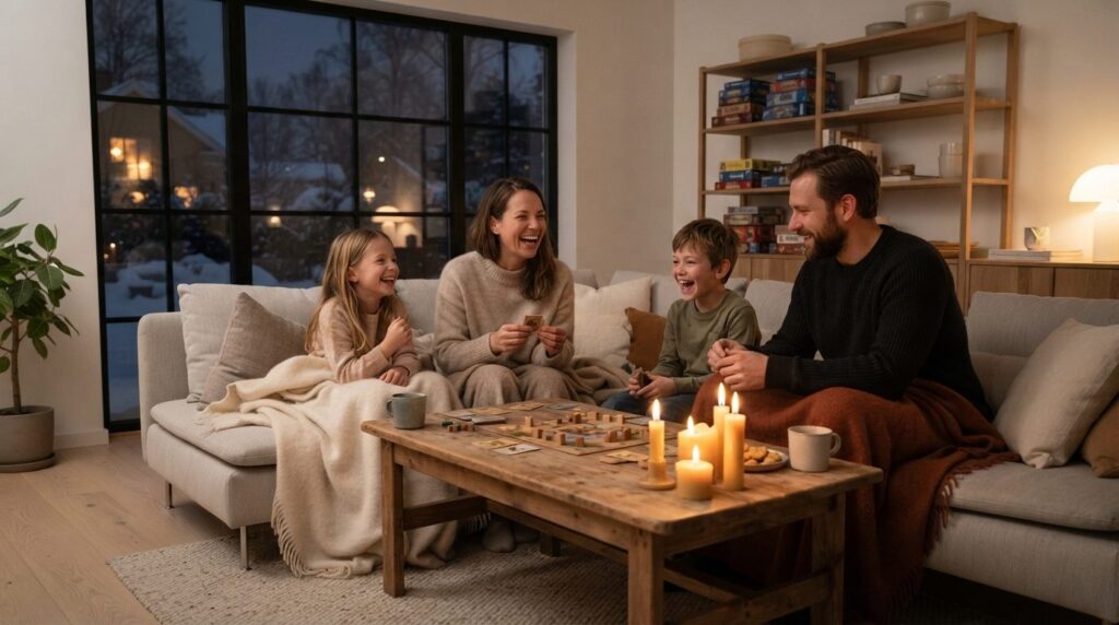 Modern minimalist family room in winter evening setup with b