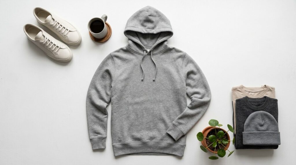 Flat lay fashion photography, 16:9 aspect ratio. A premium g