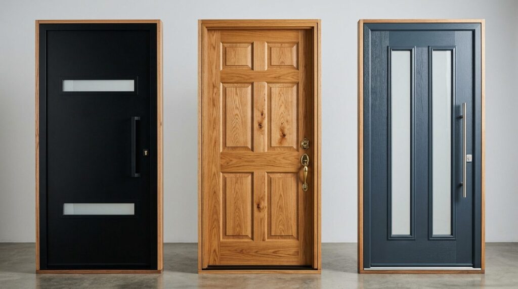 Close-up detail shot of three different premium front door s
