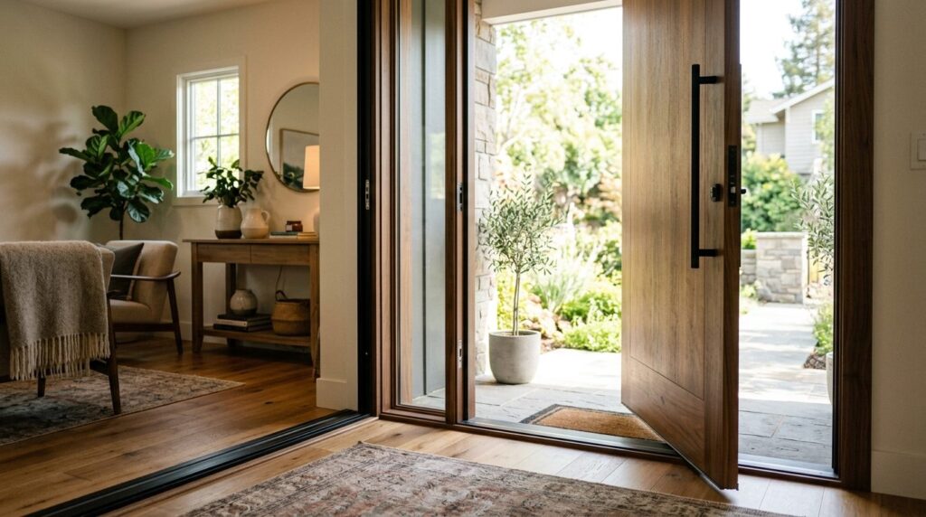 Warm residential interior view from inside looking out throu