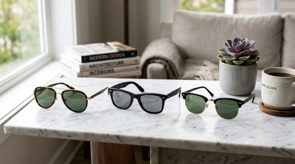 Close-up product photography of three distinct sunglasses st