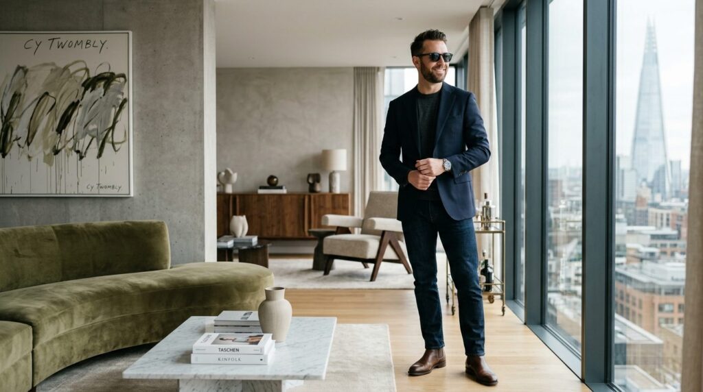 Confident man in his 30s wearing perfectly fitted sunglasses