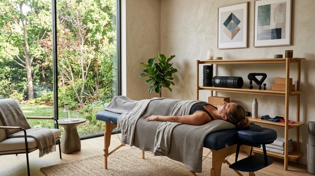 Contemporary home recovery setup showing a fit person relaxi