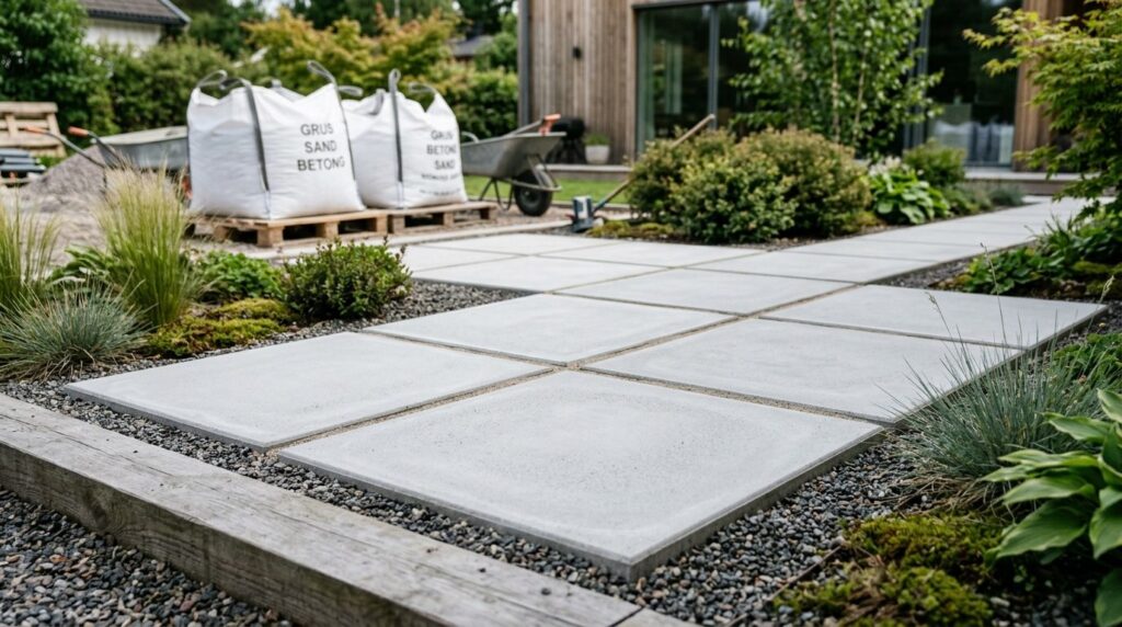 Close-up detail of freshly laid concrete patio in Scandinavi