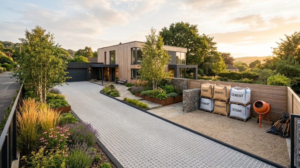Wide landscape view of contemporary residential garden proje