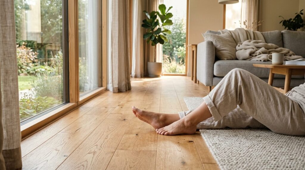 Warm minimalist living room interior with heated wooden floo
