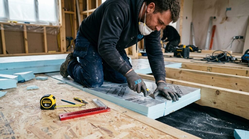 Construction worker installing thermal insulation boards ben