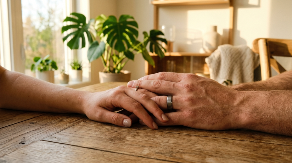 Close-up lifestyle photograph of a couples hands wearing ma