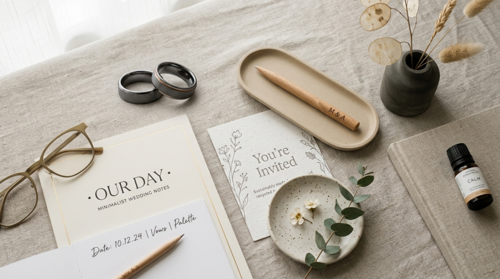 Flat lay composition of tungsten wedding rings alongside mod